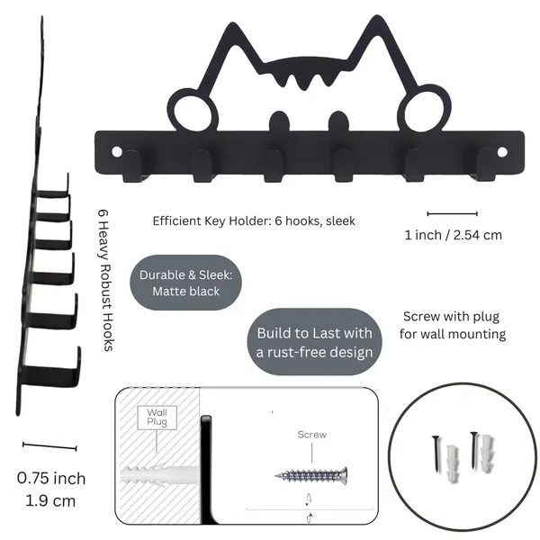 8eenplus_Decorative_Kitty_Cat_Wall_Hook_Rack_Metal_Key_Holder_Black_6_Hooks