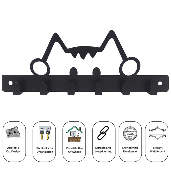8eenplus_Decorative_Kitty_Cat_Wall_Hook_Rack_Metal_Key_Holder_Black_6_Hooks