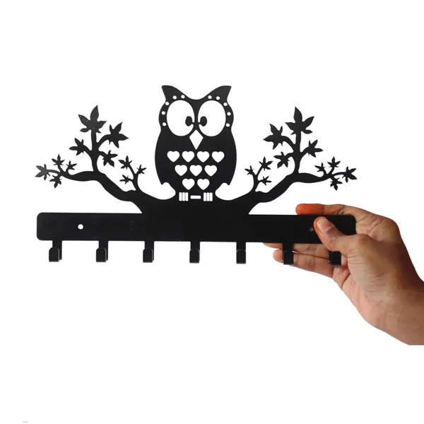 8eenplus_Decorative_Wall_Hook_Rack_With_Owl_Design_6_Hooks_Black_Metal_Tree_Branch_Pattern