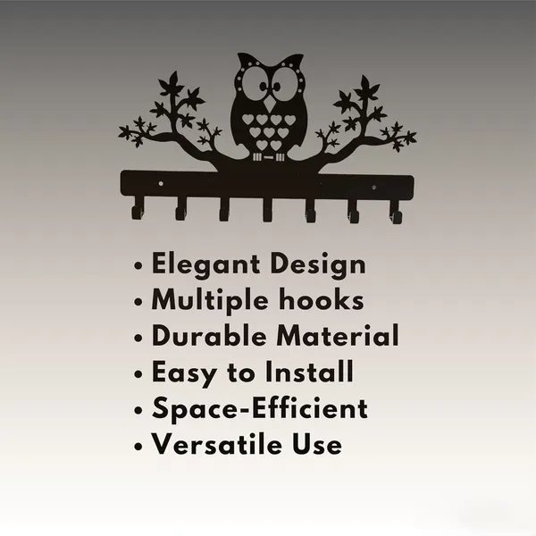 8eenplus_Decorative_Wall_Hook_Rack_With_Owl_Design_6_Hooks_Black_Metal_Tree_Branch_Pattern