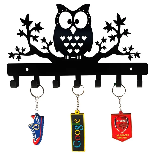 8eenplus_Decorative_Wall_Hook_Rack_With_Owl_Design_6_Hooks_Black_Metal_Tree_Branch_Pattern