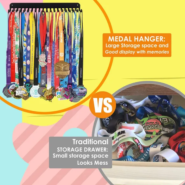 8eenplus_Medal_Display_Rack_Wall_Mount_Sports_Medal_Holder_With_16_Hooks_Black_Metal_Double_Row_Design