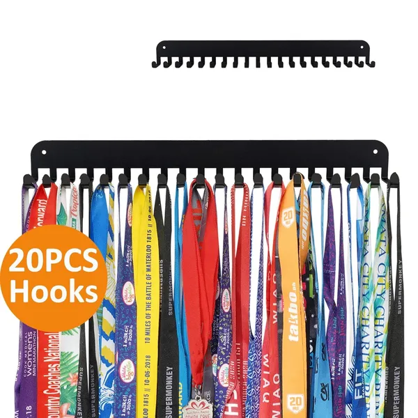 8eenplus_Medal_Display_Rack_Wall_Mount_Sports_Medal_Holder_With_16_Hooks_Black_Metal_Double_Row_Design