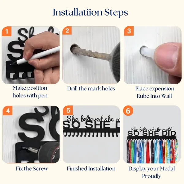 8eenplus_Premium_Trophy_Shelf_With_Non_Slip_Shelf_Protect_Inspirational_Medal_Display_Holder_She_Believed_She_Could_So_She_Did_Wall_Mount_Medal_Hanger_Black_Metal_With_16_Hooks_L_16_W_55_Cm
