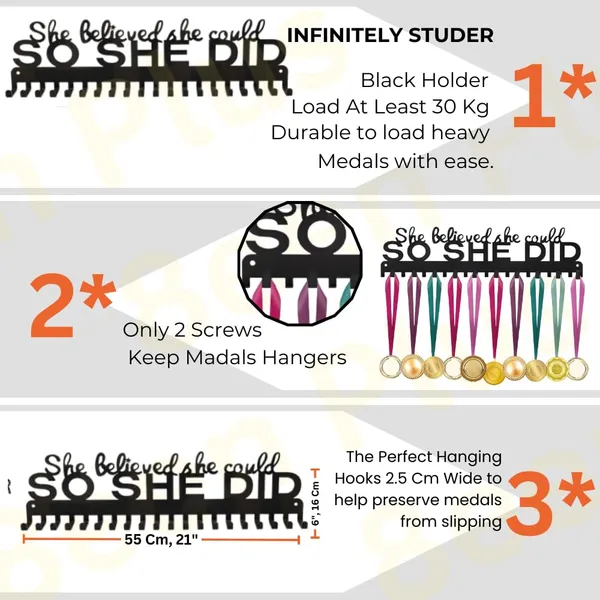 8eenplus_Premium_Trophy_Shelf_With_Non_Slip_Shelf_Protect_Inspirational_Medal_Display_Holder_She_Believed_She_Could_So_She_Did_Wall_Mount_Medal_Hanger_Black_Metal_With_16_Hooks_L_16_W_55_Cm