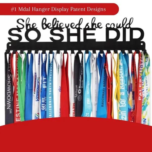 8eenplus_Premium_Trophy_Shelf_With_Non_Slip_Shelf_Protect_Inspirational_Medal_Display_Holder_She_Believed_She_Could_So_She_Did_Wall_Mount_Medal_Hanger_Black_Metal_With_16_Hooks_L_16_W_55_Cm