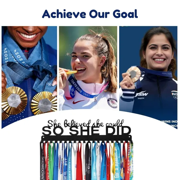 8eenplus_Premium_Trophy_Shelf_With_Non_Slip_Shelf_Protect_Inspirational_Medal_Display_Holder_She_Believed_She_Could_So_She_Did_Wall_Mount_Medal_Hanger_Black_Metal_With_16_Hooks_L_16_W_55_Cm