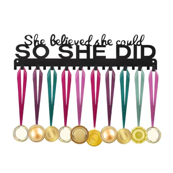 8eenplus_Premium_Trophy_Shelf_With_Non_Slip_Shelf_Protect_Inspirational_Medal_Display_Holder_She_Believed_She_Could_So_She_Did_Wall_Mount_Medal_Hanger_Black_Metal_With_16_Hooks_L_16_W_55_Cm