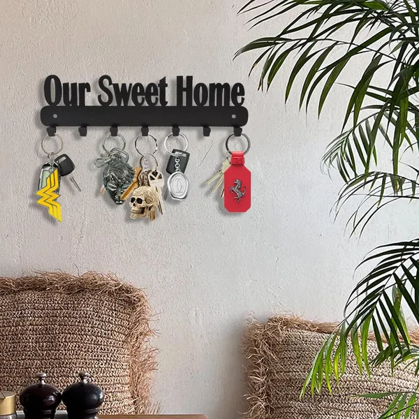 8eenplus_Our_Sweet_Home_Wall_Mount_Key_Holder_Decorative_Metal_Key_Rack_With_7_Hooks_Black