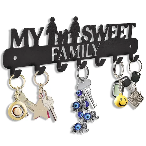 8eenplus_Wall_Mounted_Key_Holder_My_Sweet_Family_Design_7_Hooks_Black_Metal_Decorative_Home_Organisation