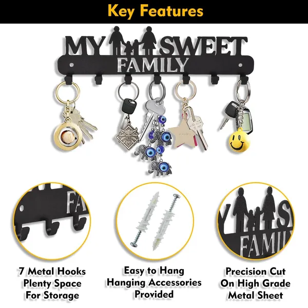 8eenplus_Wall_Mounted_Key_Holder_My_Sweet_Family_Design_7_Hooks_Black_Metal_Decorative_Home_Organisation