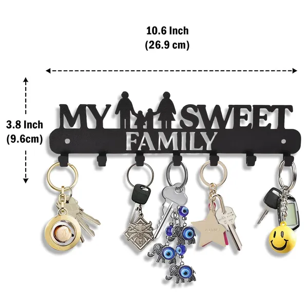 8eenplus_Wall_Mounted_Key_Holder_My_Sweet_Family_Design_7_Hooks_Black_Metal_Decorative_Home_Organisation
