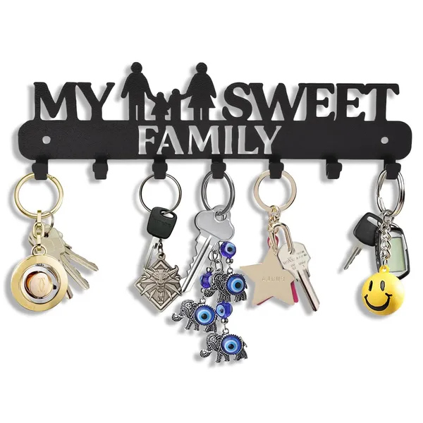 8eenplus_Wall_Mounted_Key_Holder_My_Sweet_Family_Design_7_Hooks_Black_Metal_Decorative_Home_Organisation