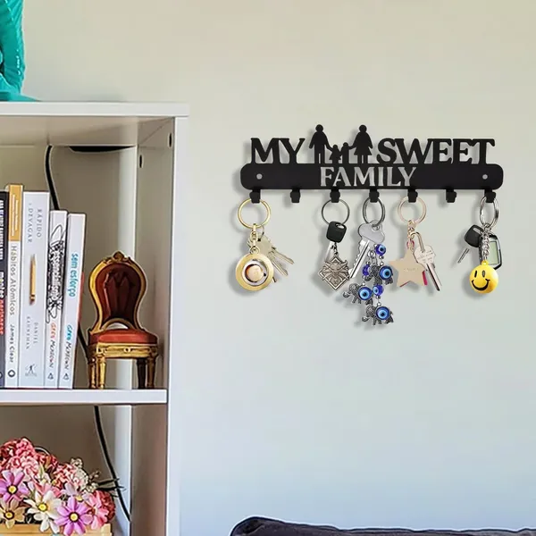 8eenplus_Wall_Mounted_Key_Holder_My_Sweet_Family_Design_7_Hooks_Black_Metal_Decorative_Home_Organisation
