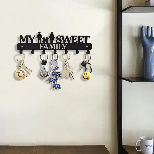 8eenplus_Wall_Mounted_Key_Holder_My_Sweet_Family_Design_7_Hooks_Black_Metal_Decorative_Home_Organisation