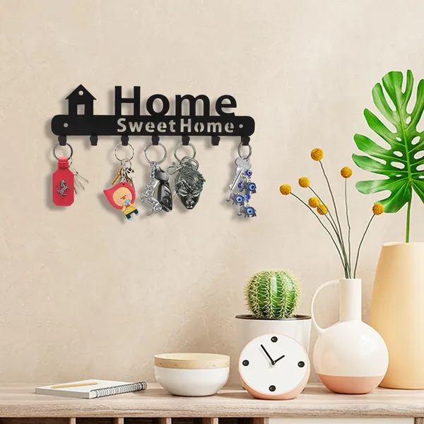 8eenplus_Home_Sweet_Home_Wall_Mounted_Key_Holder_7_Hooks_Black_Metal_Key_Rack_Decorative_Wall_Organiser