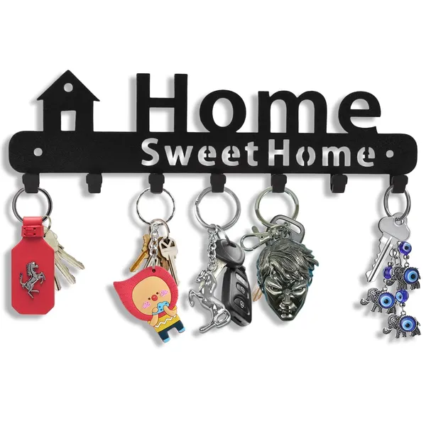 8eenplus_Home_Sweet_Home_Wall_Mounted_Key_Holder_7_Hooks_Black_Metal_Key_Rack_Decorative_Wall_Organiser