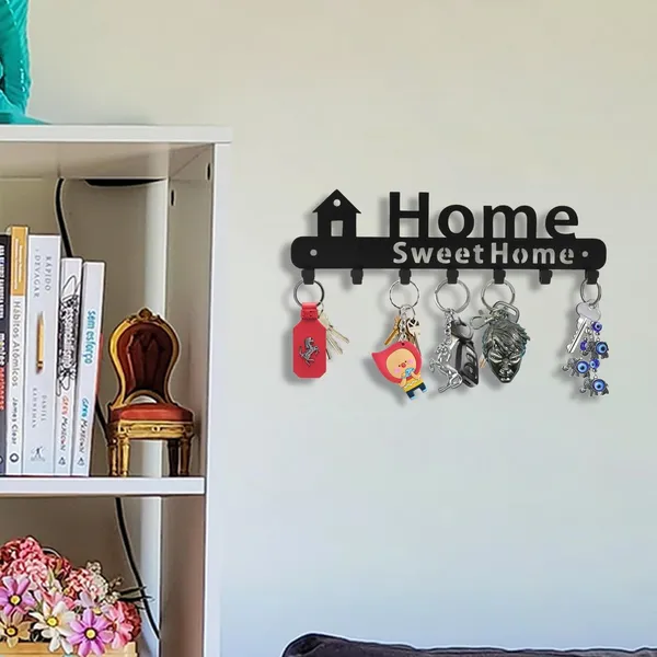 8eenplus_Home_Sweet_Home_Wall_Mounted_Key_Holder_7_Hooks_Black_Metal_Key_Rack_Decorative_Wall_Organiser