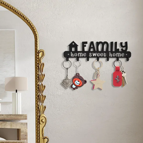 8eenplus_Wall_Mounted_Key_Holder_Family_Home_Sweet_Home_Design_7_Hooks_Black_Metal_Decorative_Key_Organiser
