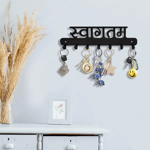 8eenplus_Decorative_Wall_Mounted_Key_Holder_With_7_Hooks_Metal_Key_Rack_Organizer_Black_Sanskrit_Design