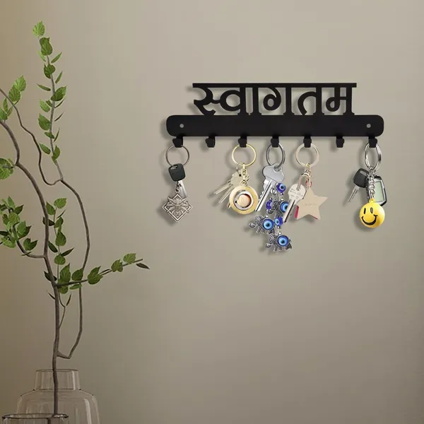 8eenplus_Decorative_Wall_Mounted_Key_Holder_With_7_Hooks_Metal_Key_Rack_Organizer_Black_Sanskrit_Design