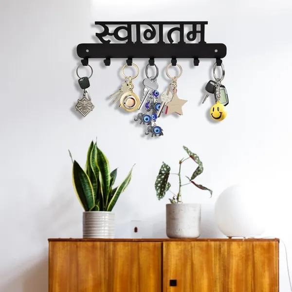 8eenplus_Decorative_Wall_Mounted_Key_Holder_With_7_Hooks_Metal_Key_Rack_Organizer_Black_Sanskrit_Design