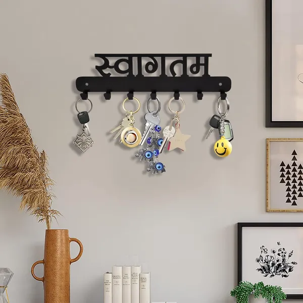 8eenplus_Decorative_Wall_Mounted_Key_Holder_With_7_Hooks_Metal_Key_Rack_Organizer_Black_Sanskrit_Design