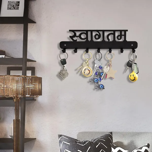 8eenplus_Decorative_Wall_Mounted_Key_Holder_With_7_Hooks_Metal_Key_Rack_Organizer_Black_Sanskrit_Design
