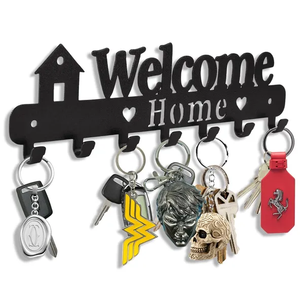 8eenplus_Welcome_Home_Key_Holder_For_Wall_Mount_Decorative_Metal_Key_Hook_Rack_With_7_Hooks_Black