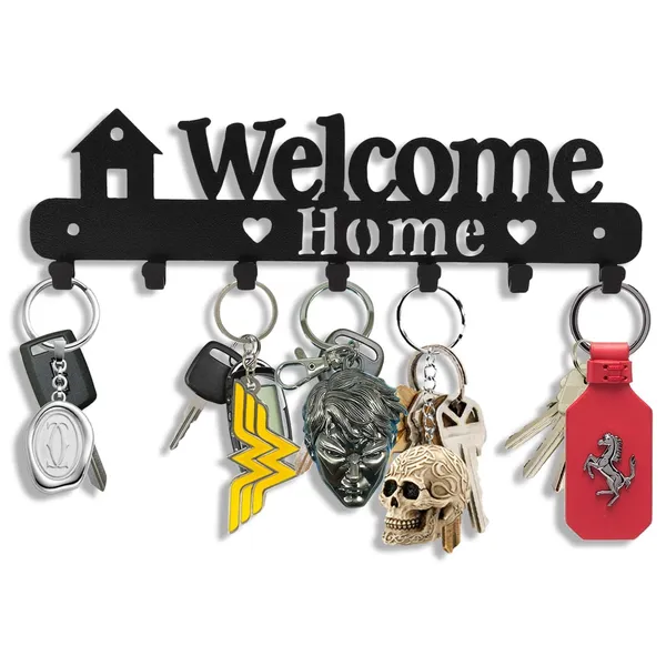 8eenplus_Welcome_Home_Key_Holder_For_Wall_Mount_Decorative_Metal_Key_Hook_Rack_With_7_Hooks_Black