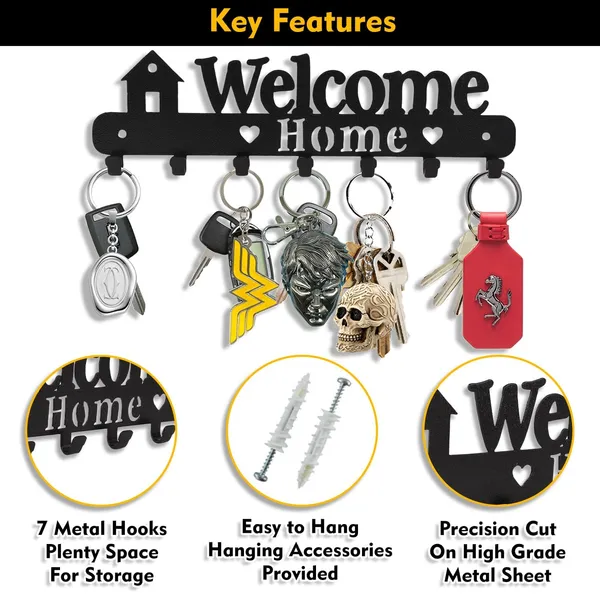 8eenplus_Welcome_Home_Key_Holder_For_Wall_Mount_Decorative_Metal_Key_Hook_Rack_With_7_Hooks_Black