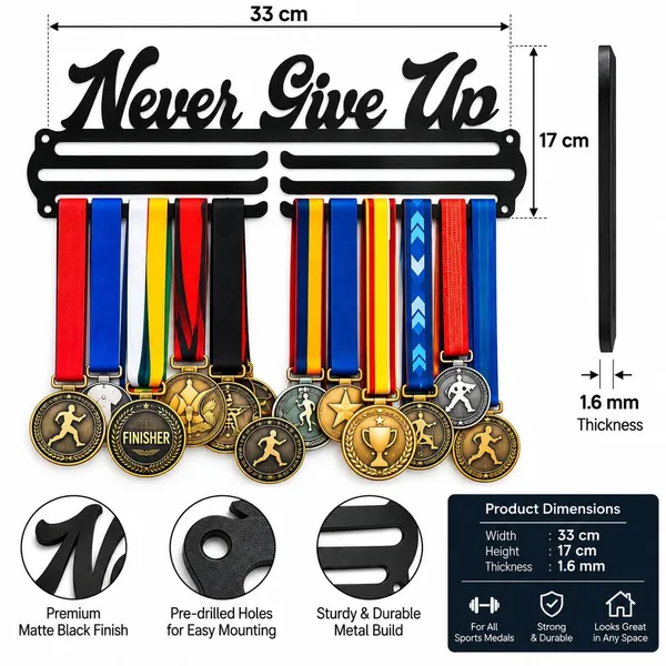 Never_Give_Up_Medal_Display_Holder_Metal_Wall_Mount_Medal_Hanger_For_Sports_Medals_Black_Medal_Display_Rack_Achievement_Holder_For_Athletes_Kids_And_Sports_Persons