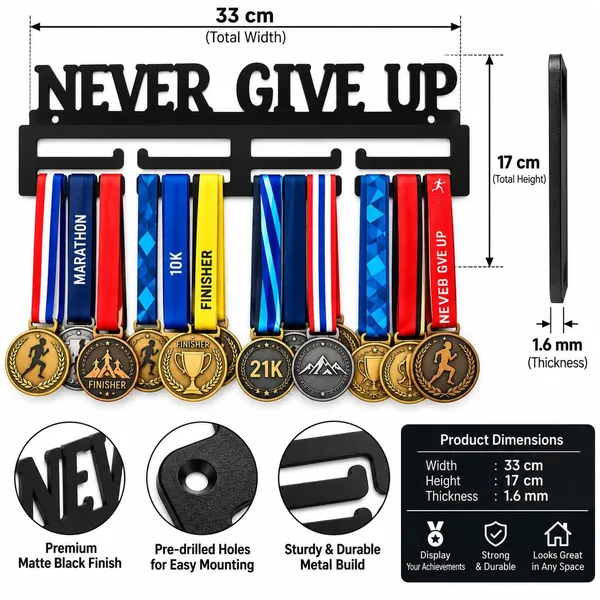 8een_Plus_Never_Give_Up_Medal_Display_Holder_Metal_Wall_Mount_Black_Premium_Quality_Gift_For_Kids_Athletes_Sportsperson_Rectangle
