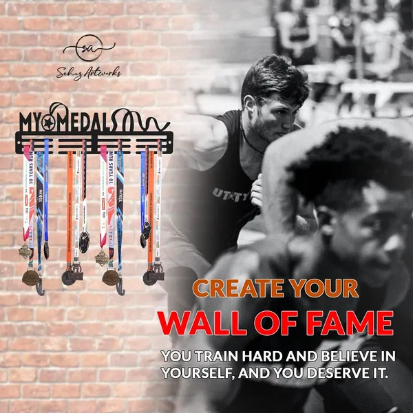 My_Medals_Medal_Hanger_Wall_Mount_12_Bar_Heavy_Duty_Metal_Medal_Holder_For_Running_Marathon_Sports_Awards_Laser_Cut_Wall_Of_Fame_Display_Holds_Up_To_60_Medals_Black_35_Cm