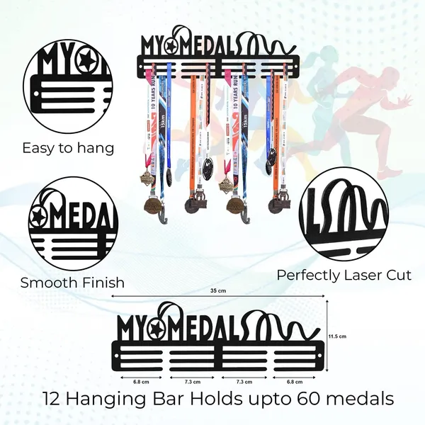 My_Medals_Medal_Hanger_Wall_Mount_12_Bar_Heavy_Duty_Metal_Medal_Holder_For_Running_Marathon_Sports_Awards_Laser_Cut_Wall_Of_Fame_Display_Holds_Up_To_60_Medals_Black_35_Cm