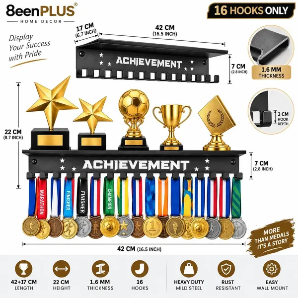 Achievement_Medal_Hanger_With_Trophy_Shelf_Black_Metal_Medal_Display_Rack_Top_Shelf_Heavy_Duty_Iron_Wall_Mount_Hooks