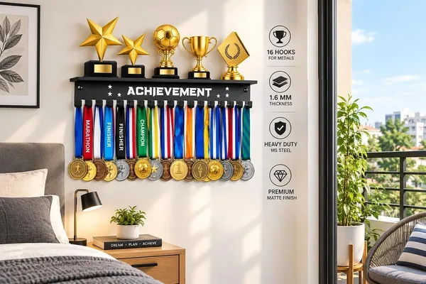 Achievement_Medal_Hanger_With_Trophy_Shelf_Black_Metal_Medal_Display_Rack_Top_Shelf_Heavy_Duty_Iron_Wall_Mount_Hooks