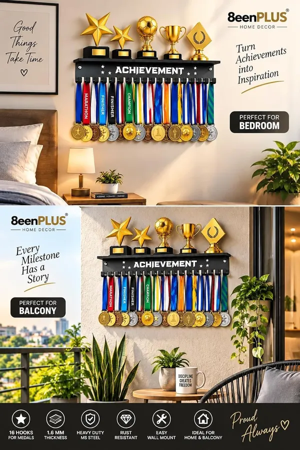 Achievement_Medal_Hanger_With_Trophy_Shelf_Black_Metal_Medal_Display_Rack_Top_Shelf_Heavy_Duty_Iron_Wall_Mount_Hooks