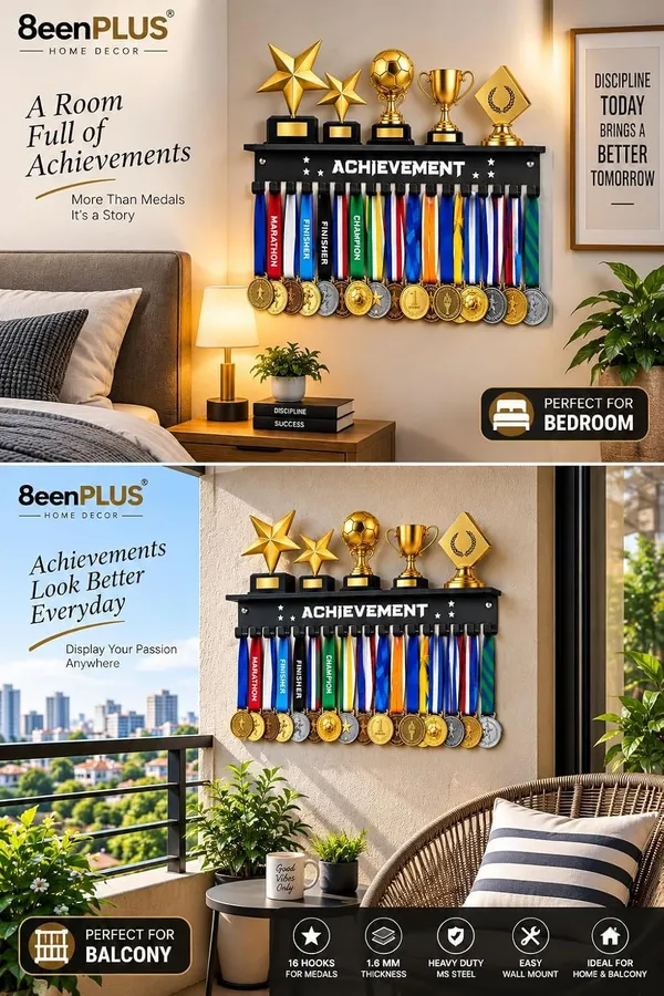 Achievement_Medal_Hanger_With_Trophy_Shelf_Black_Metal_Medal_Display_Rack_Top_Shelf_Heavy_Duty_Iron_Wall_Mount_Hooks