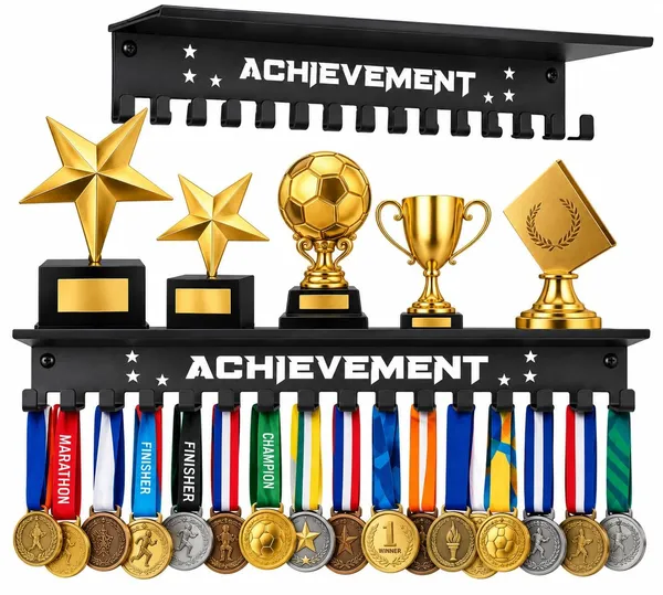 Achievement_Medal_Hanger_With_Trophy_Shelf_Black_Metal_Medal_Display_Rack_Top_Shelf_Heavy_Duty_Iron_Wall_Mount_Hooks