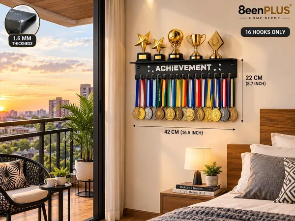 Achievement_Medal_Hanger_With_Trophy_Shelf_Black_Metal_Medal_Display_Rack_Top_Shelf_Heavy_Duty_Iron_Wall_Mount_Hooks