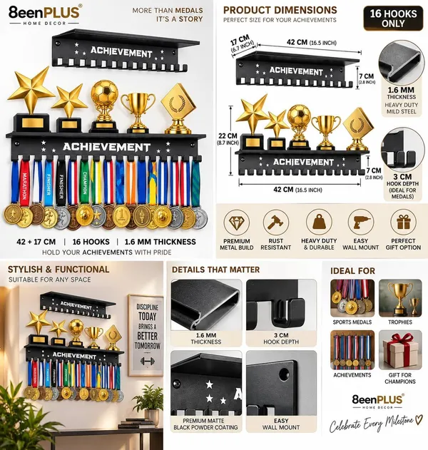 Achievement_Medal_Hanger_With_Trophy_Shelf_Black_Metal_Medal_Display_Rack_Top_Shelf_Heavy_Duty_Iron_Wall_Mount_Hooks