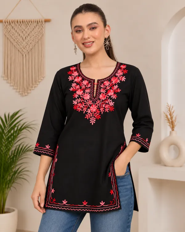 Black_Viscose_Rayon_Straight_Floral_Embroidered_Kurta_For_Women