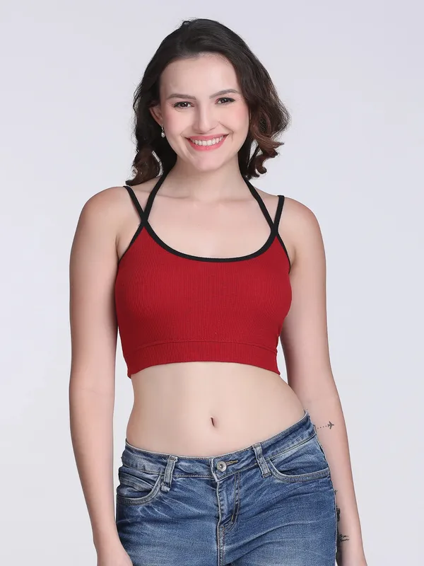 Red_Rib_Fitted_Contrast_Trim_Crop_Top_For_Women