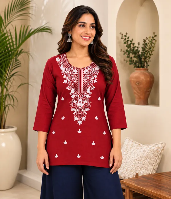 Red_Viscose_Rayon_Straight_Short_Kurta_For_Women