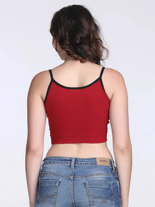 Red_Rib_Fitted_Contrast_Edge_Crop_Top_For_Women