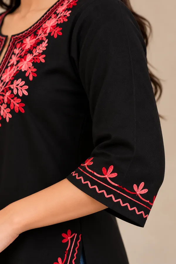 Black_Viscose_Rayon_Straight_Floral_Embroidered_Kurta_For_Women