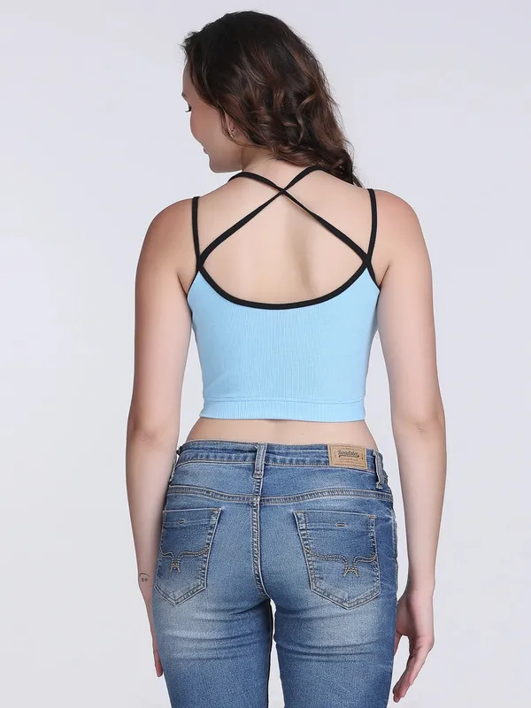 Light_Blue_Rib_Fitted_Contrast_Trim_Crop_Top_For_Women