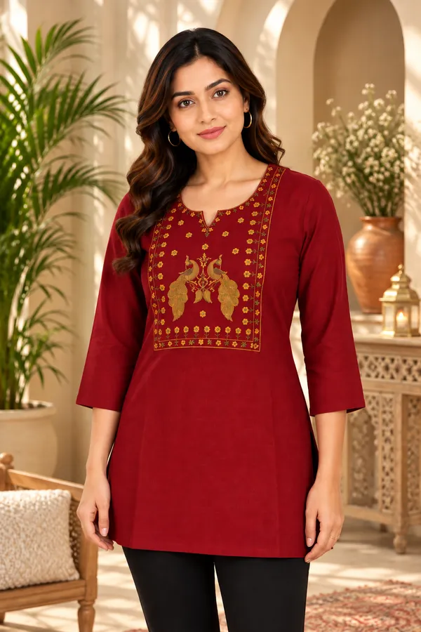 Red_Viscose_Rayon_Straight_Embroidered_Kurta_For_Women