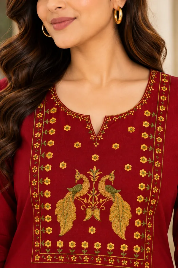 Red_Viscose_Rayon_Straight_Embroidered_Kurta_For_Women